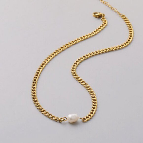 NEW 18K Gold Plated Chunky Chain Pearl Necklace - Picture 2 of 4